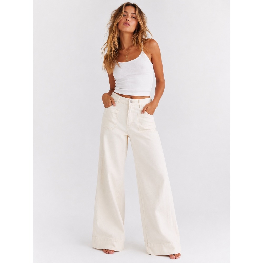 HM Divided Women Cream White High Waist Wide Leg Patch Pocket Jeans Size 6 NEW